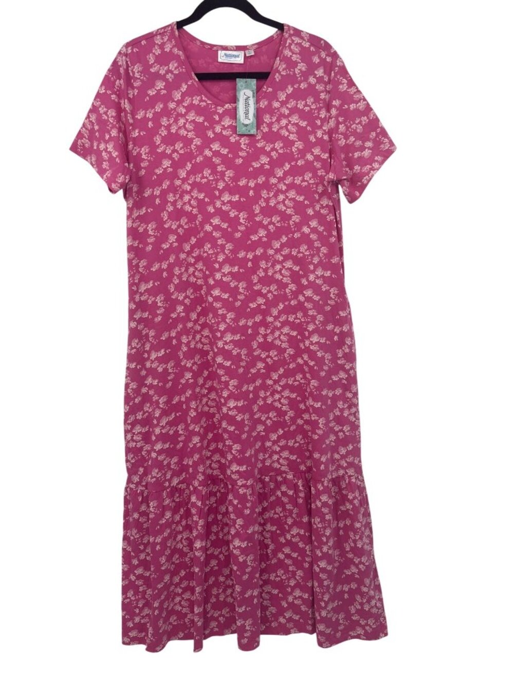 National Patio Causal Comfort Floral Midi Tiered Cotton Dress Pink Large NEW